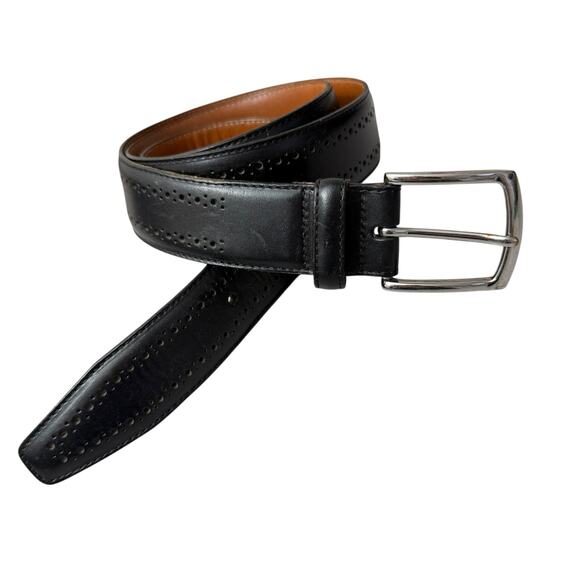 Allen Edmonds Leather Belt Mens 38 Black Silver Buckle Brogue Dress USA 74011 - Picture 1 of 11